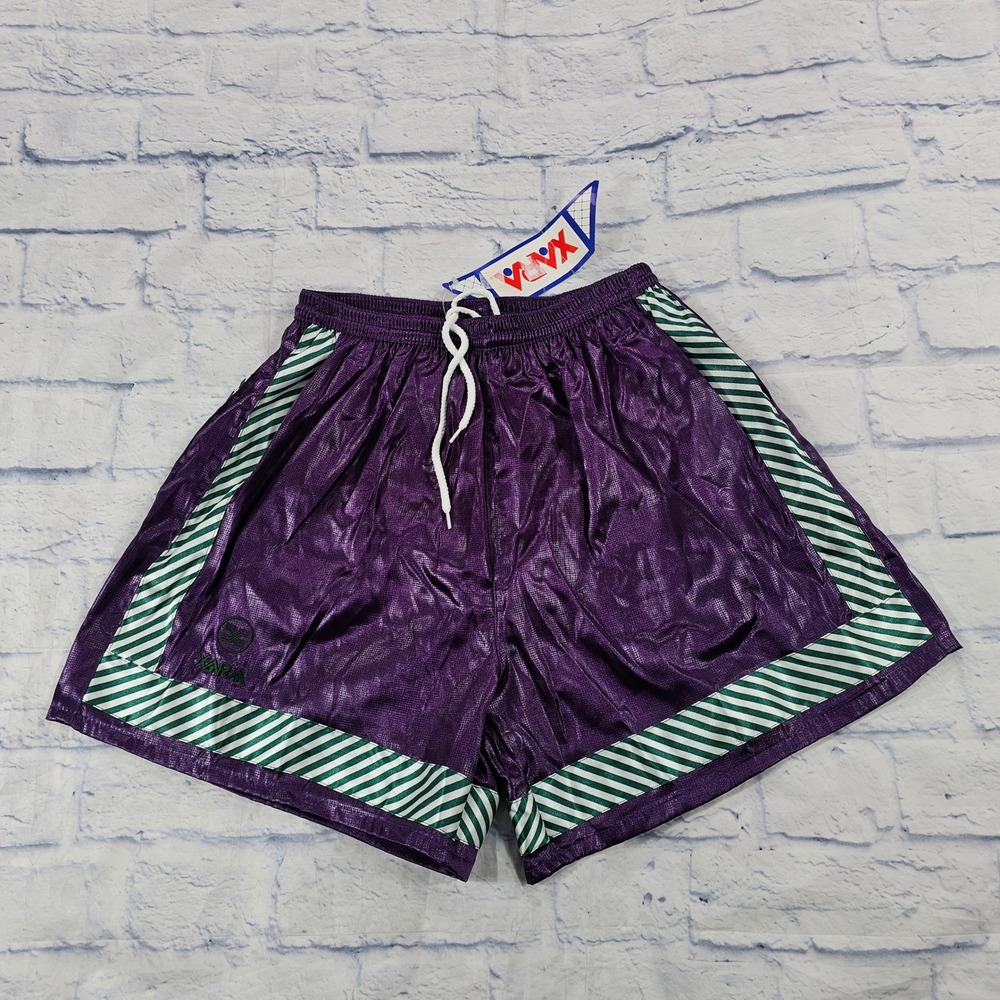 Xara Soccer Shorts Mens XL Purple Shiny Striped Retro Athletic Gym Vintage 90s